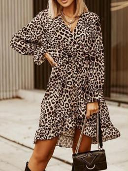 Damen Lässig Leopard Herbst Polyester V-Ausschnitt Leicht Täglich T-Shirt-Kleid A-Linien Kleider