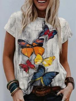 Damen Lässig Sommer Schmetterling Täglich Jersey Kurzarm Weit Regelmäßig H-Linie T-Shirts