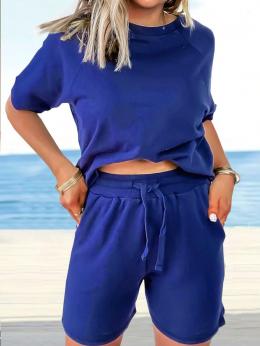 Damen Lässig Unifarben Sommer Mikroelastizität Täglich Weit Halbarm Bluse mit Hose H-Linie Zweiteiliges Sets