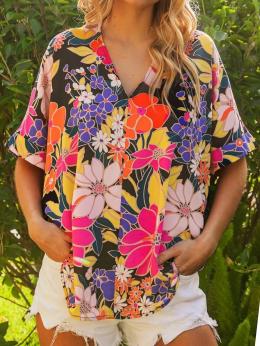 Geblümt Sommer Urlaub Polyester Täglich Weit Bestseller Halbarm Mittellang Shirts für Damen
