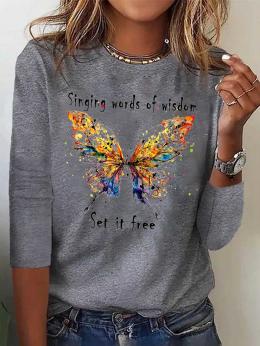 Lässig Herbst Schmetterling Mikro-Elastizität Weit Langarm Rundhals Regelmäßig H-Linie T-Bluse für Damen