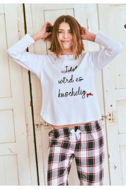 Louis & Louisa Pyjama Damen - KUSCHELIG, Weiß/Karo, XS