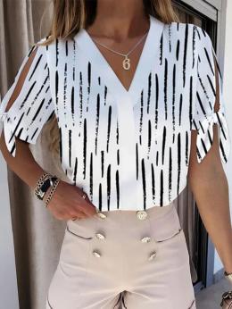 Modetalente Gestreift Weiß Damen Kurzarm-Blusen Lässig V-Ausschnitt Polyesterfaser Kurzarm Täglich Gestreift Kurzarm-Blusen