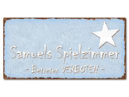 Blechschild im Vintage Look mit Wunschtext 300 x 150mm hellblau/braun