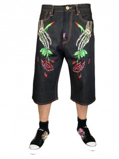 Christian Audigier Herren Strass Jeans Short Dead Head