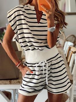 Damen Gestreift Lässig Sommer Mikroelastizität Täglich Weit Bestseller Gekerbt H-Linie Zweiteiliges Sets