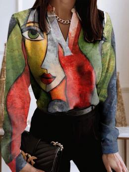 Damen Lässig Abstrakt Frühling Polyester V-Ausschnitt Print Täglich Langarm Regelmäßig Blusen & Shirts