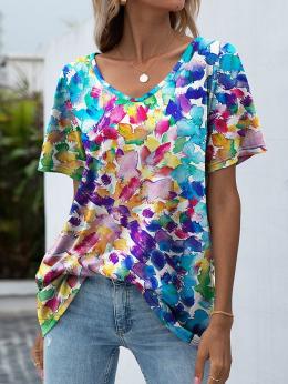 Damen Lässig Abstrakt Sommer V-Ausschnitt Mikroelastizität Jersey Bestseller Kurzarm Regelmäßig T-Shirts
