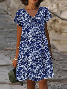 Damen Lässig Blau Geblümt Sommer Polyester Normal Keine Elastizität Täglich H-Linie Regelmäßig Kleider
