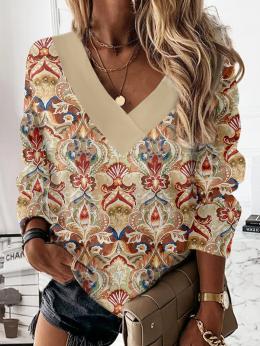 Damen Lässig Ethnisch Frühling Polyester V-Ausschnitt Nahtverarbeitung Mikroelastizität Täglich Standard Sweatshirts