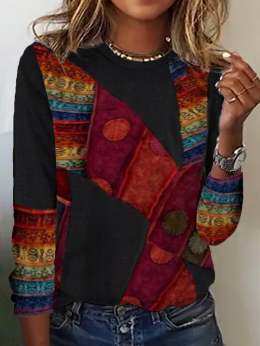 Damen Lässig Ethnisch Herbst Täglich Jersey Bestseller Langarm Regelmäßig Mittlere Elastizität T-Bluse