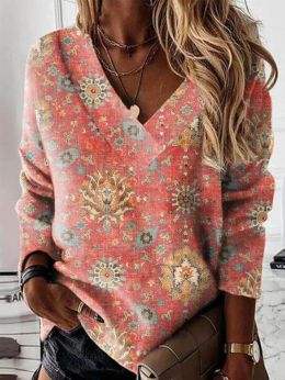 Damen Lässig Ethnisch Herbst V-Ausschnitt Mikro-Elastizität Jersey Langarm H-Linie Regelmäßig Sweatshirts