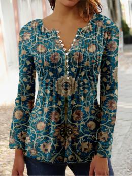 Damen Lässig Ethnisch Herbst V-Ausschnitt Mikro-Elastizität Jersey Standard Langarm A-Linie Blusen & Shirts