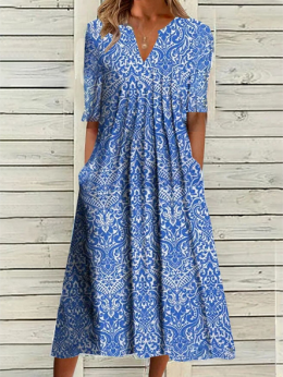 Damen Lässig Ethnisch Sommer Polyester V-Ausschnitt Normal Leicht Regelmäßige Passform H-Linie Kleider