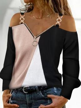 Damen Lässig Farbblock Frühling Polyester V-Ausschnitt Mikro-Elastizität Täglich Bestseller H-Linie Blusen & Shirts