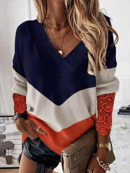 Damen Lässig Farbblock Herbst V-Ausschnitt Täglich Langarm Polar Vlies Regelmäßig H-Linie Sweatshirts
