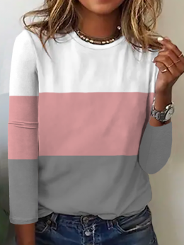 Damen Lässig Farbblock Herbst Weit Jersey Langarm Rundhals Regelmäßig H-Linie T-Shirt