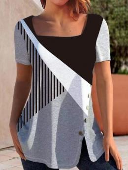 Damen Lässig Farbblock Sommer Print Jersey Kurzarm Mittellang H-Linie Regelmäßig Shirts