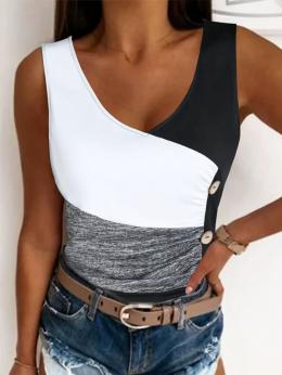 Damen Lässig Farbblock Sommer V-Ausschnitt Mikroelastizität Weit Standard Ärmellos H-Linie Tanktop Blusen & Shirts