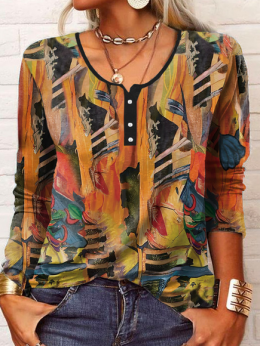 Damen Lässig Frühling/Herbst Abstrakt Grafik Geknöpft Normal Täglich Weit Jersey Regelmäßig Shirts