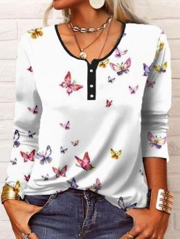 Damen Lässig Frühling/Herbst Schmetterling Print Mikroelastizität Täglich Weit Langarm Rundhals Shirts