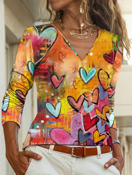 Damen Lässig Frühling Herz/Herz Täglich Jersey Langarm Regelmäßig H-Linie Mittlere Elastizität T-Shirt