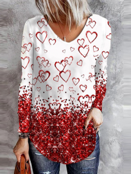 Damen Lässig Frühling Herz/Herz V-Ausschnitt Leicht Weit Langarm Regelmäßig H-Linie T-Shirt
