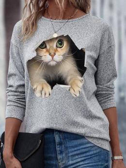 Damen Lässig Frühling Katze Mikroelastizität Jersey Bestseller Langarm Regelmäßig Regelmäßig T-Shirt