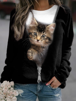 Damen Lässig Frühling Katze Polyester Mikroelastizität Täglich Langarm Regelmäßig Regelmäßig Sweatshirts