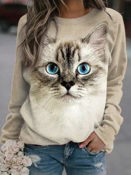 Damen Lässig Frühling Katze Polyester Weit Rundhals Regelmäßig H-Linie Regelmäßig Sweatshirts