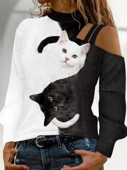 Damen Lässig Frühling Katze Weit Jersey Bestseller Langarm Regelmäßig H-Linie T-Shirt