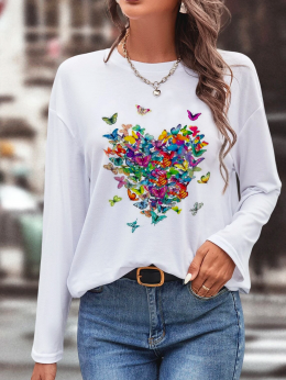 Damen Lässig Frühling Schmetterling Jersey Standard Langarm Rundhals Regelmäßig Regelmäßig T-Shirt