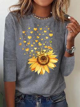 Damen Lässig Frühling Sonnenblume Weit Jersey Standard Langarm Regelmäßig H-Linie T-Shirt
