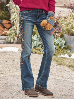 Damen Lässig Geblümt Winter Knöpfe Normal Regelmäßige Passform Glocke-Unterhose Denim H-Linie Jeans