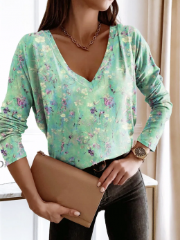 Damen Lässig Grün Geblümt Frühling/Herbst V-Ausschnitt Täglich Jersey Langarm Regelmäßig Mittlere Elastizität T-Shirts