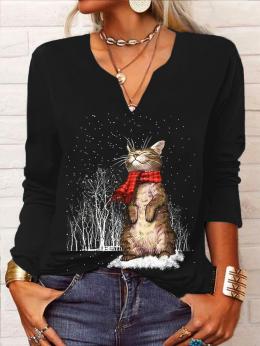 Damen Lässig Herbst Katze Urlaub Weit Jersey Regelmäßig H-Linie Regelmäßig T-Bluse