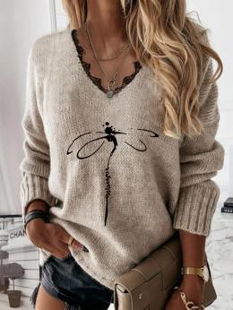 Damen Lässig Herbst Libelle Weit Jersey Langarm Regelmäßig H-Linie Spitzenrand Pullover