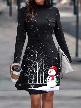 Damen Lässig Herbst Weihnachten Polyester Stehkragen Hohe Elastizität Weihnachten A-Linie Regelmäßig Kleider