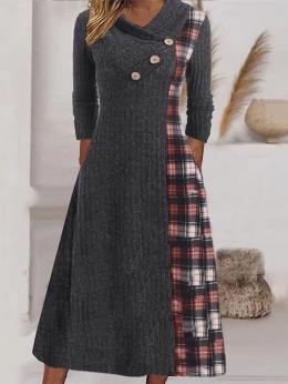 Damen Lässig Kariert Herbst Mikro-Elastizität Jersey Midi Standard A-Linie Regelmäßig Kleider