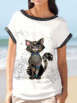 Damen Lässig Katze Sommer Mikroelastizität Täglich Weit Kurzarm Rundhals Warmbohren Shirts