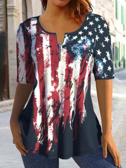 Damen Lässig Sommer Amerika-Flagge Täglich Weit Jersey Kurzarm Rundhals H-Linie Shirts