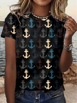 Damen Lässig Sommer Anker Mikroelastizität Täglich Weit Jersey Kurzarm Regelmäßig T-Shirts