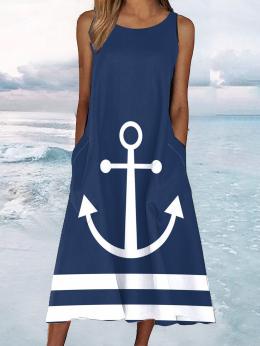 Damen Lässig Sommer Anker Polyester Mikroelastizität Täglich Weit Lang Ärmellos Kleider