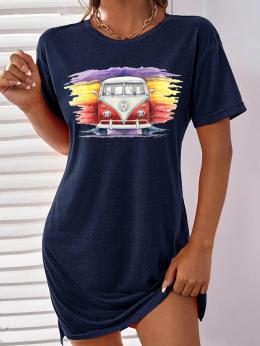 Damen Lässig Sommer Auto Print Normal Mikroelastizität Jersey Rock Kurzarm Kleider