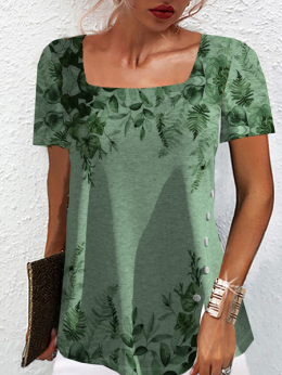 Damen Lässig Sommer Blätter Karree-Ausschnitt Mikroelastizität Zuhause Jersey Regelmäßig Regelmäßig T-Shirts