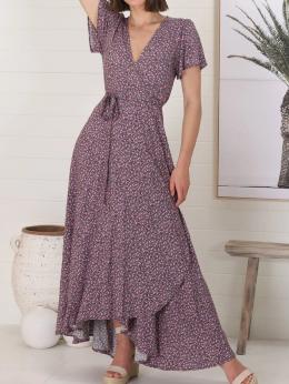 Damen Lässig Sommer Düster Geblümt Polyester Weit Lang Kurzarm A-Linien Wickelkleid Kleider