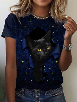 Damen Lässig Sommer Katze Mikroelastizität Täglich Jersey Kurzarm Rundhals H-Linie T-Shirts