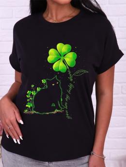 Damen Lässig Sommer Katze Mikroelastizität Täglich Kurzarm Rundhals Regelmäßig NS.Patricks Day T-Shirts