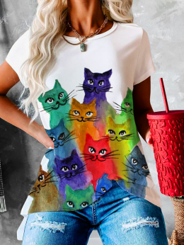 Damen Lässig Sommer Katze Täglich Weit Jersey Rundhals Regelmäßig Mittlere Elastizität T-Shirts