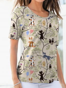 Damen Lässig Sommer Katze Weit Kurzarm Regelmäßig H-Linie Regelmäßig Mittlere Elastizität T-Shirts